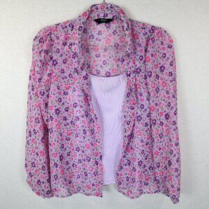 max Lilac Purple and Pink Floral Sheer Button Up with Tank Shell Size M
